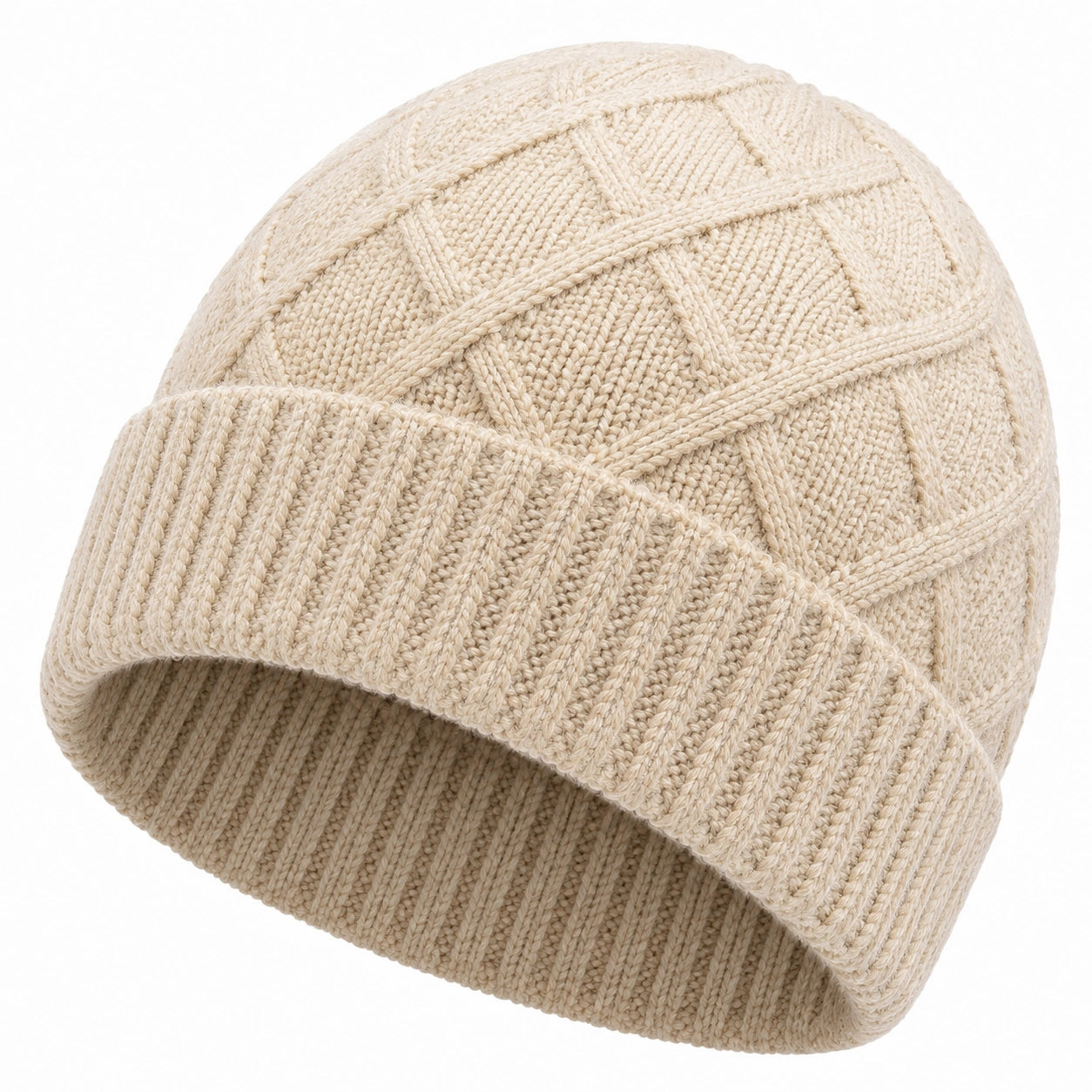 Berretto in maglia beige taglia unica - motivo geometrico a coste per uso quotidiano