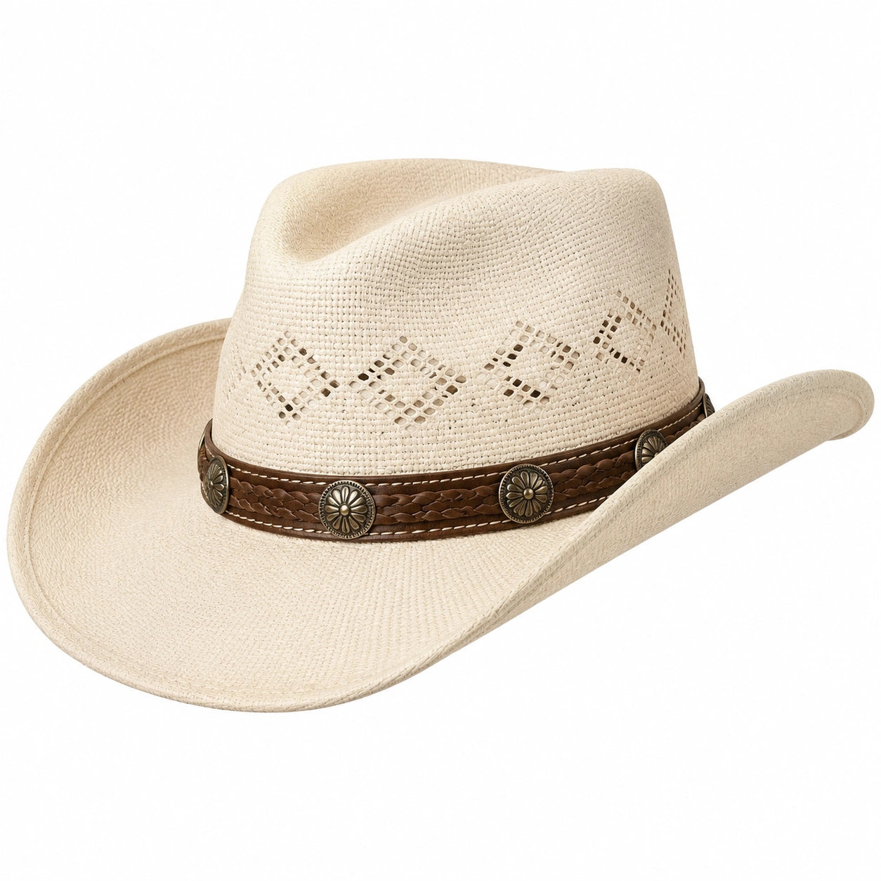 Cappello cowboy taglia unica in fibra intrecciata beige con fascia marrone stile western