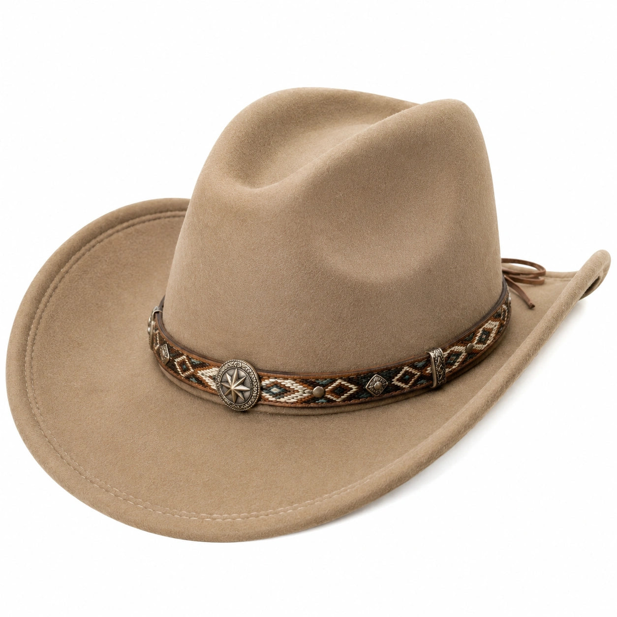 Cappello cowboy taglia unica in tessuto effetto feltro beige con fascia decorativa regolabile