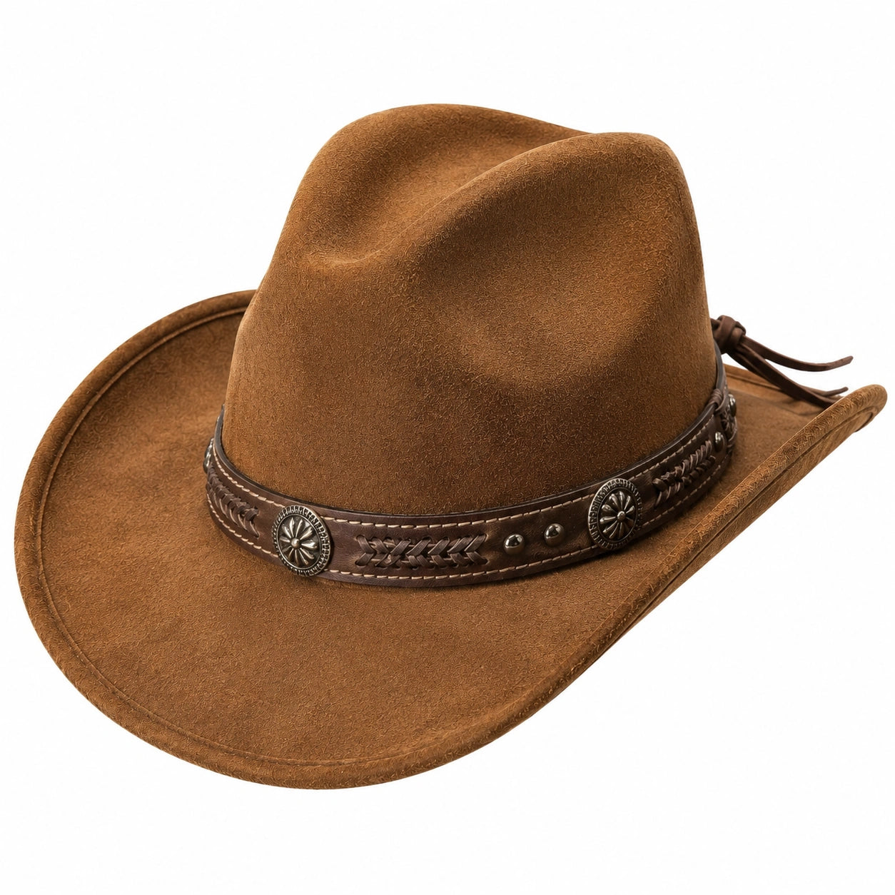 Cappello cowboy taglia unica marrone effetto scamosciato con fascia decorativa stile western