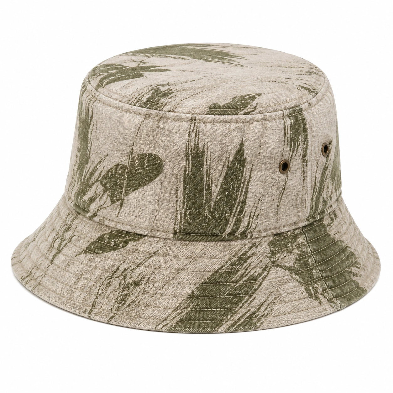 Cappello da pescatore taglia unica in tessuto beige e verde con stampa foglie e occhielli traspiranti